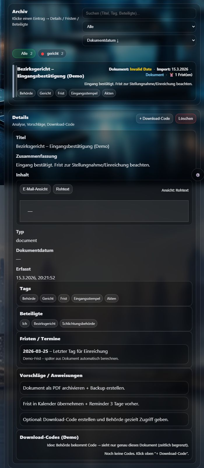 DigitalAkten Detailansicht mit Fristen und Informationen