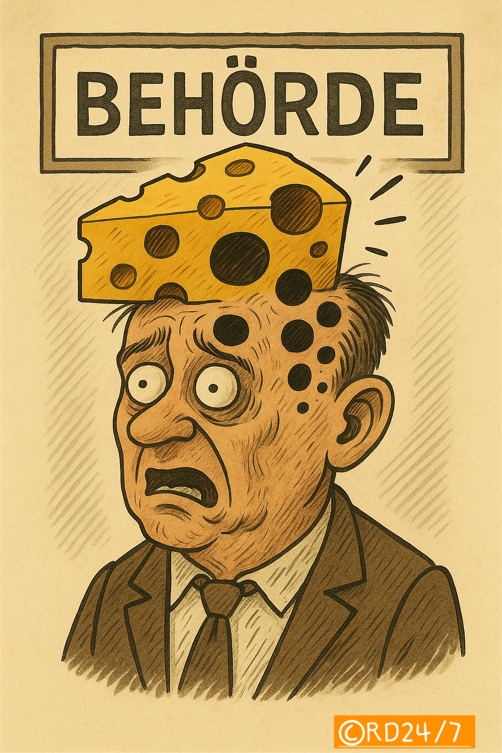 Karikatur: Gottfried Stuz Käskopf – Beamter mit Käse-Kopf im Büro
