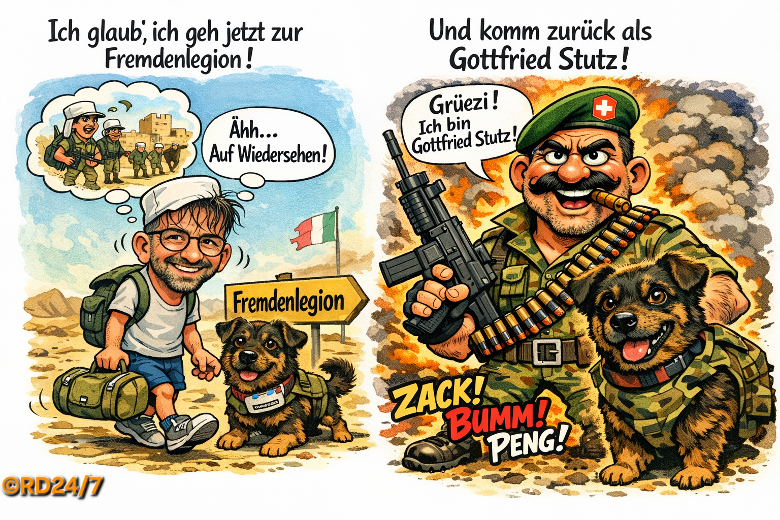 Karikatur: Fremdenlegion – Identitätswechsel als satirische Überzeichnung
