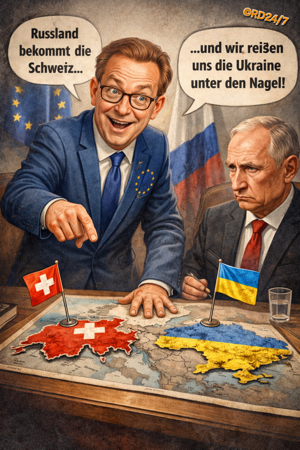 Karikatur: Geopolitik-Satire – Schweiz/Ukraine als Verhandlungsmasse