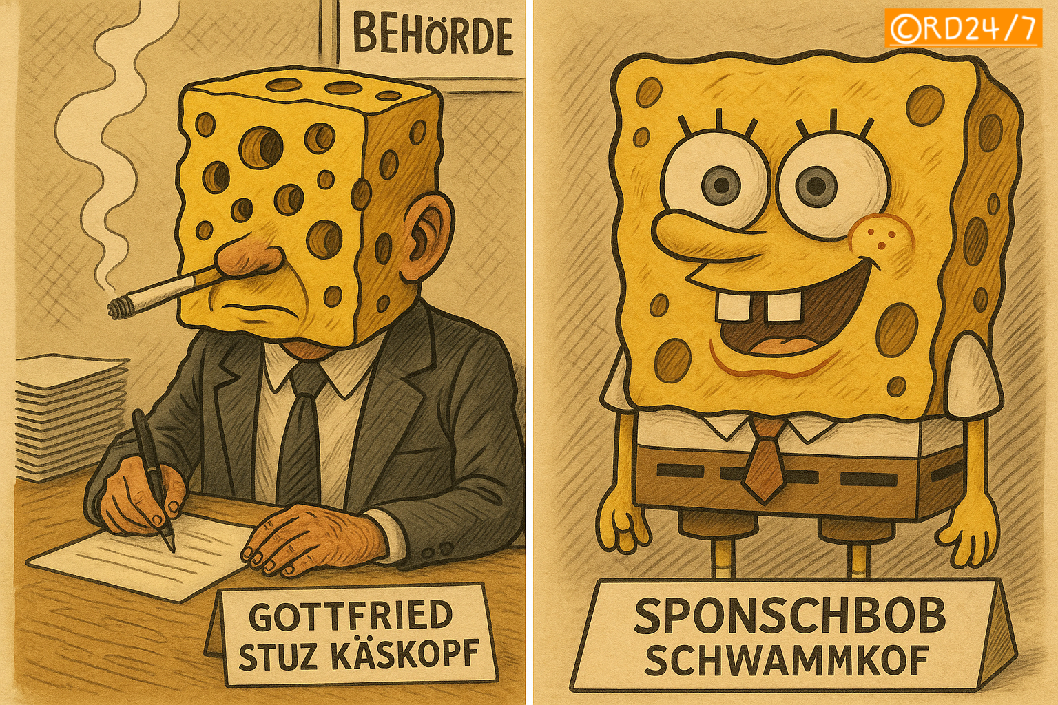 Gottfried Stuz Käskopf – Beamter mit Käse-Kopf und Namensschild