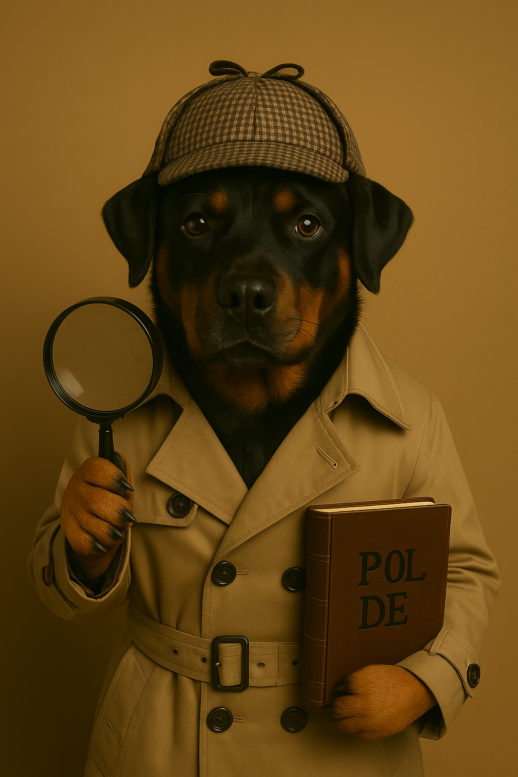 Detektiv Susi im Trenchcoat mit Lupe und Mütze