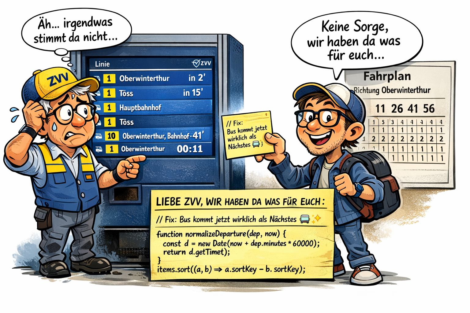 Karikatur mit humorvollem Lösungsvorschlag zur Fahrplan-Sortierung